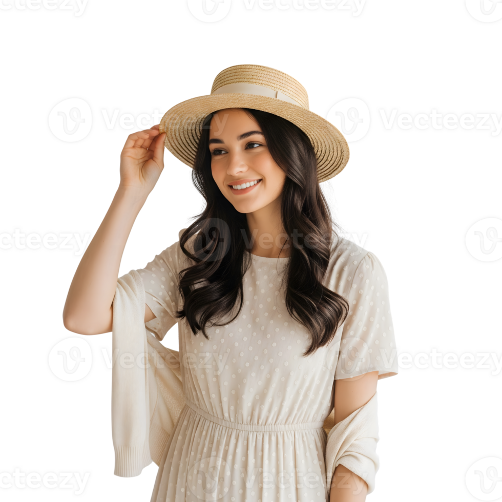 A beautiful woman in a straw hat smiles joyfully, posing elegantly against a transparent background in a studio fashion portrait png