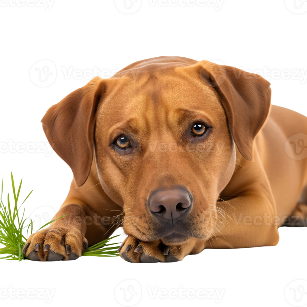 A beautiful brown dog is lying down in the grass, looking at the camera with its big brown eyes, isolated on a transparent background png