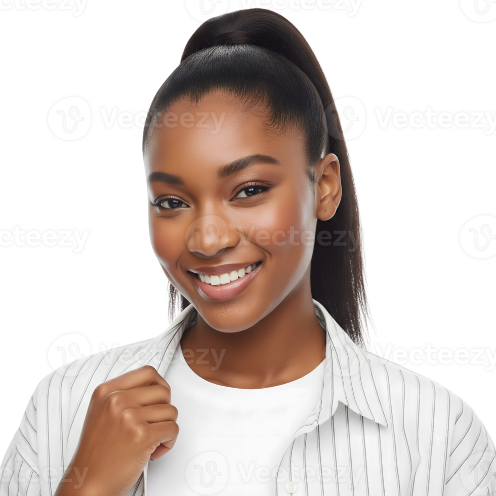 A beautiful young black woman with a ponytail smiles confidently at the camera, isolated on transparent background png