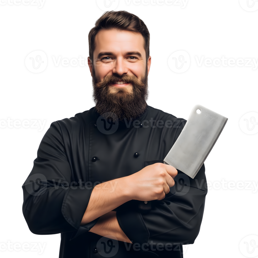 A bearded chef in a black uniform holds a cleaver isolated on transparent background png
