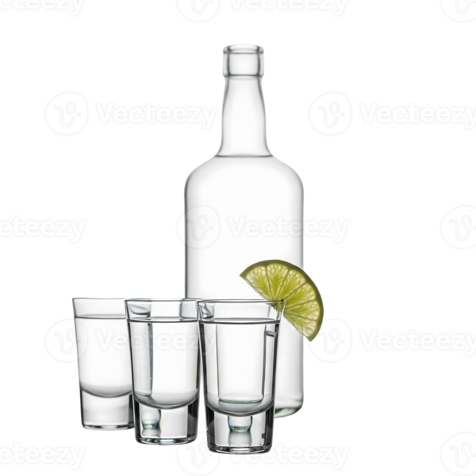 A clear tequila bottle stands behind three shot glasses with a lime wedge, isolated on transparent background png