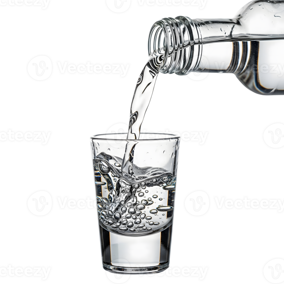 A clear shot glass being filled with vodka from a bottle, creating bubbles and splashes against a transparent background png