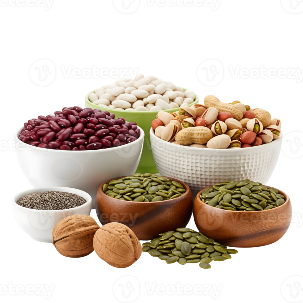 A colorful assortment of nuts, seeds, and beans in bowls isolated on transparent background, showcasing healthy eating png