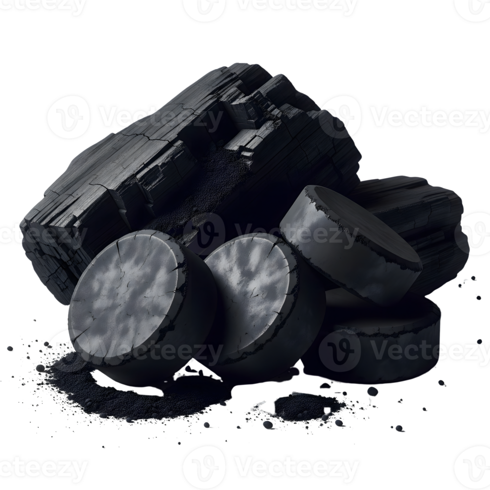 A close up of activated charcoal pieces and powder isolated on a transparent background, used for beauty and health products png
