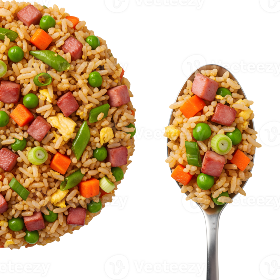 A closeup studio shot of a portion of fried rice with ham, peas, and carrots on a spoon, isolated on a transparent background png