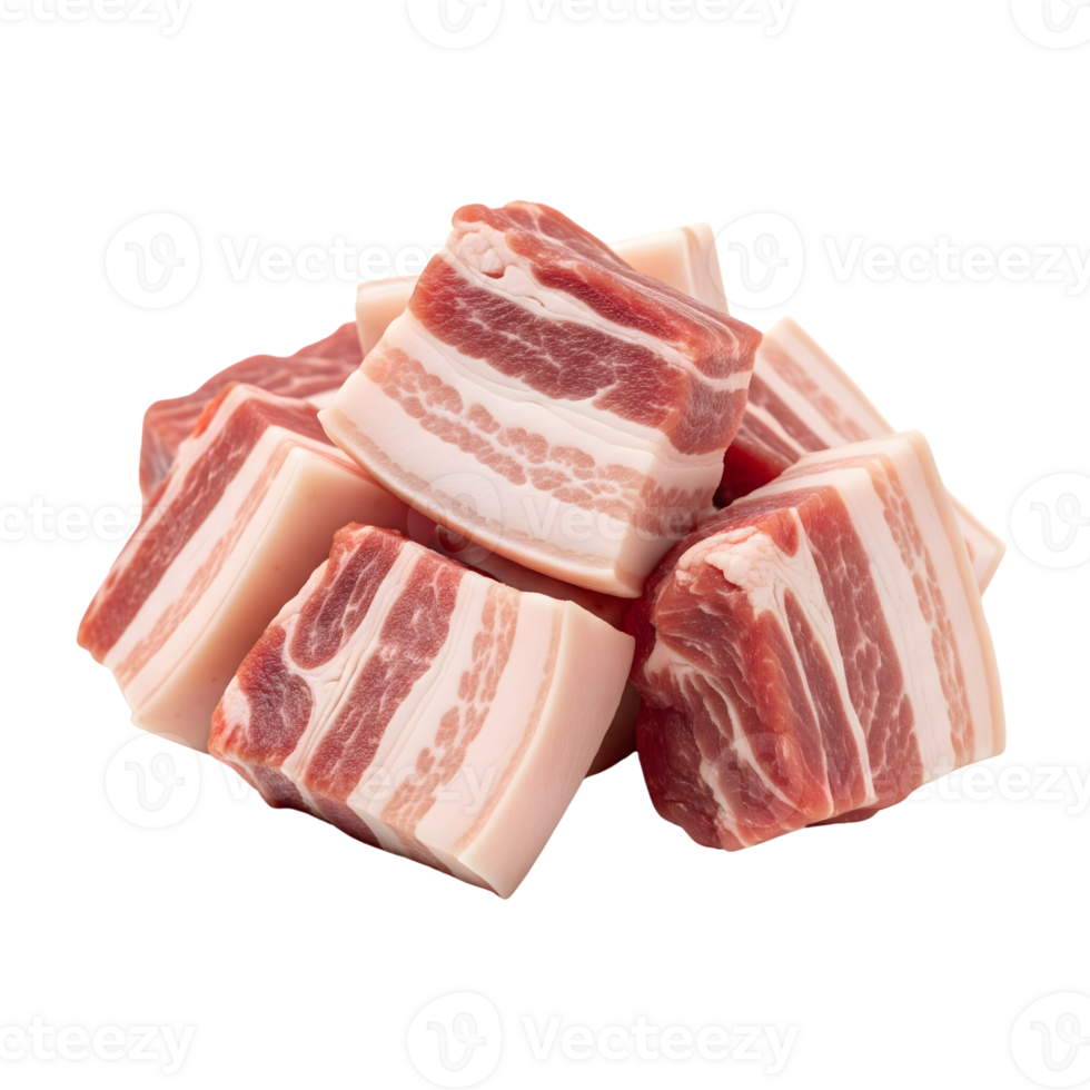 A closeup shows a pile of raw pork belly cubes, revealing the marbled fat and meat on a transparent background, perfect for culinary uses png