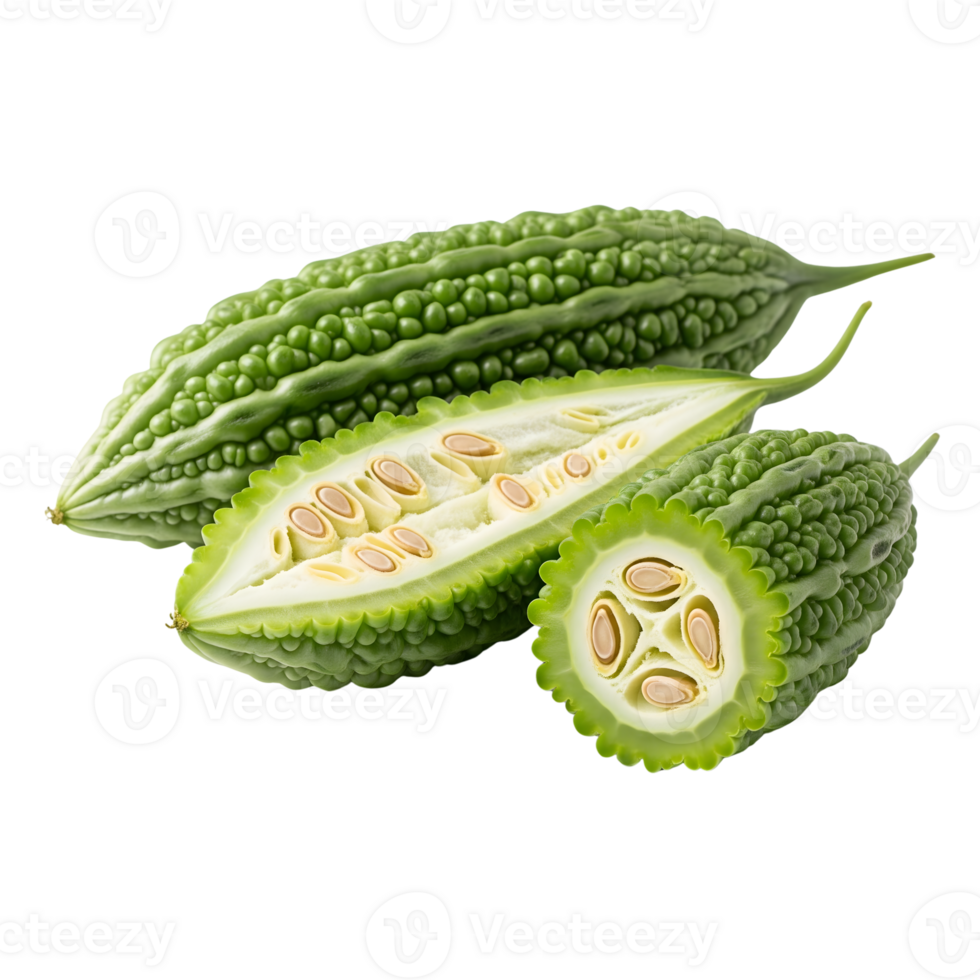 A closeup studio shot showcases the vibrant green texture and sliced crosssection of bitter melon against a transparent background png