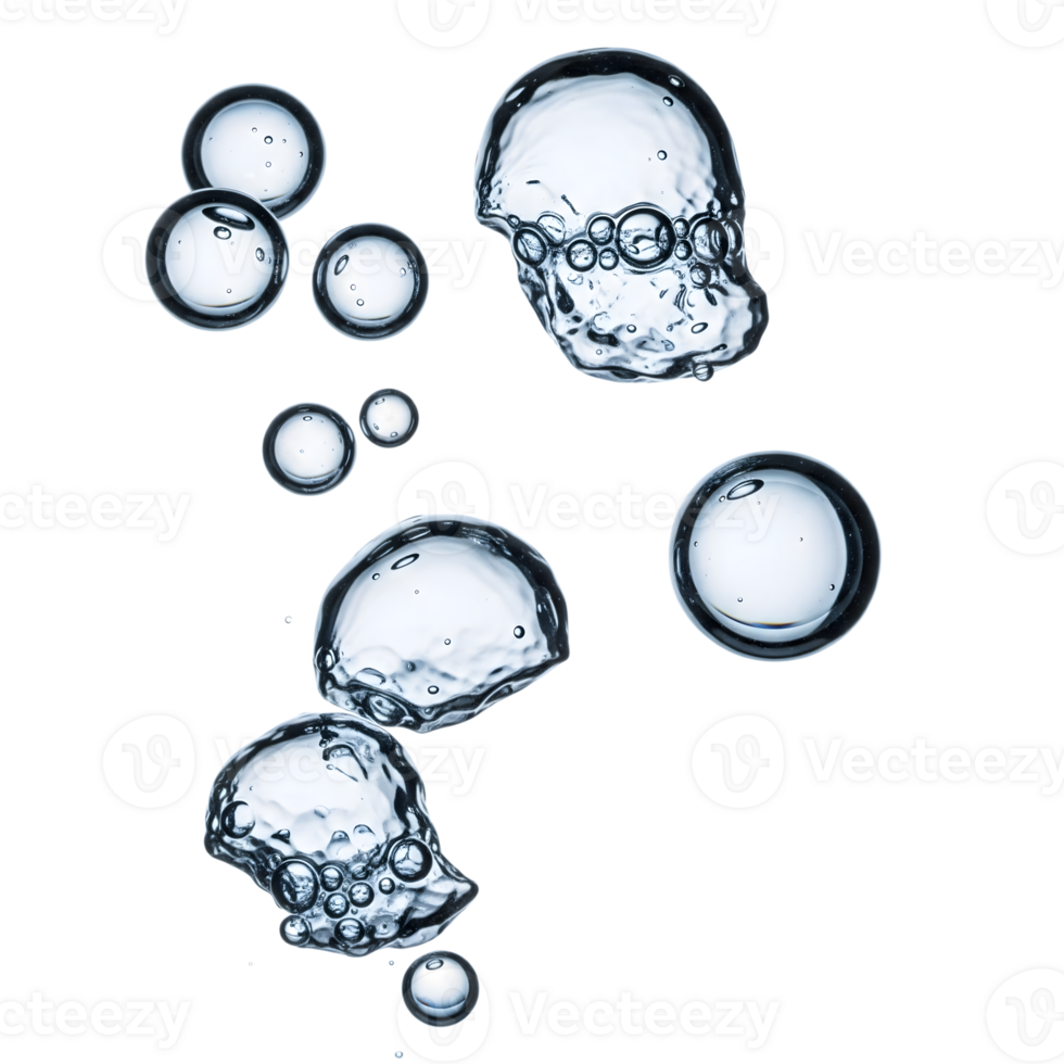 A cluster of transparent water bubbles floats serenely against a pristine white backdrop, showcasing their spherical shapes and liquid texture isolated on transparent background png