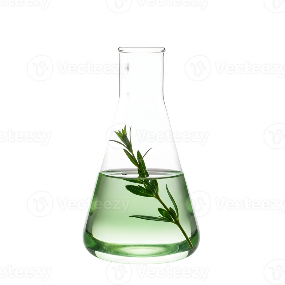 A clear erlenmeyer flask filled with green liquid and a sprig of herb, isolated on transparent background png