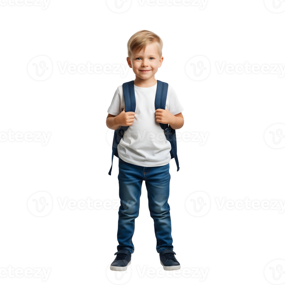A cheerful little boy with a backpack is standing isolated on transparent background png