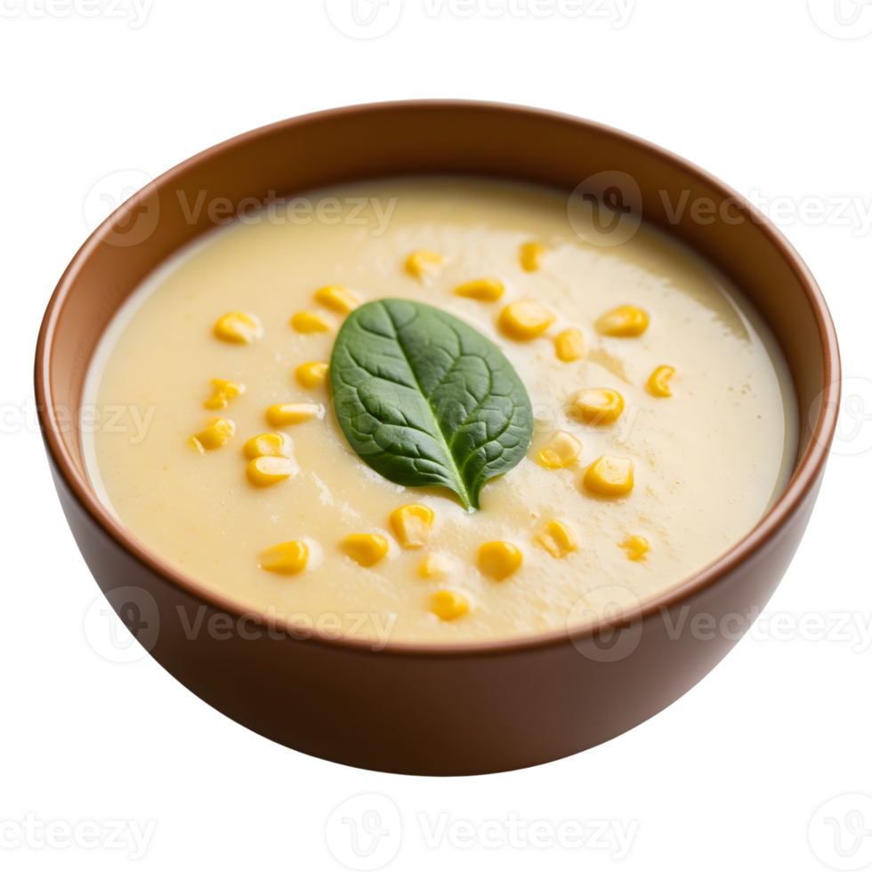 A creamy bowl of corn soup is garnished with a fresh spinach leaf, creating a comforting and healthy meal option isolated on transparent background png