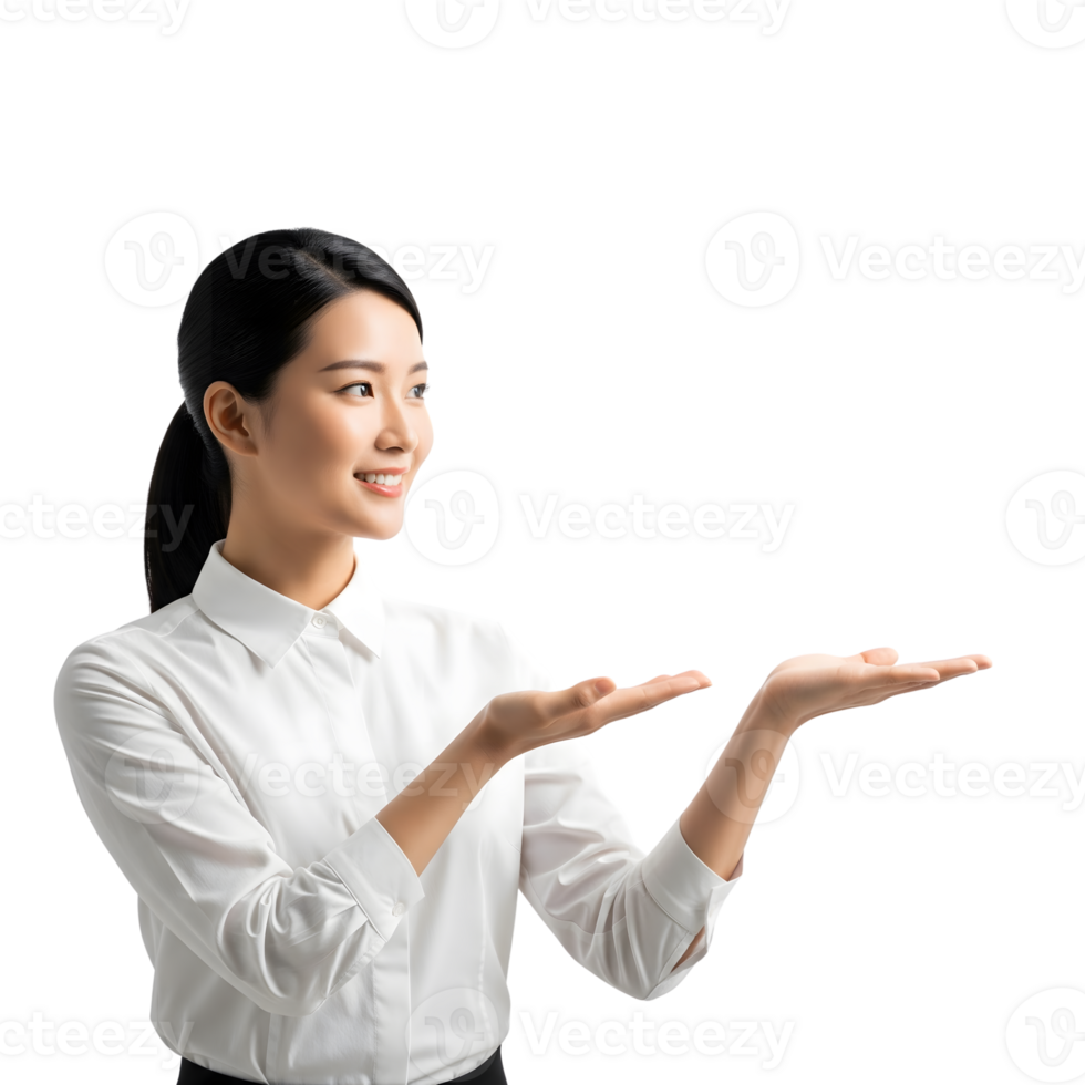 A cheerful asian woman in a white shirt presents with open palms, isolated on transparent background png