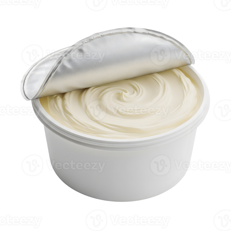 A container of creamy white cream cheese with a silver foil lid partially opened, isolated on transparent background png