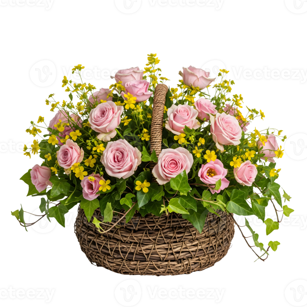 A charming basket filled with pink roses and yellow flowers, isolated on transparent background png