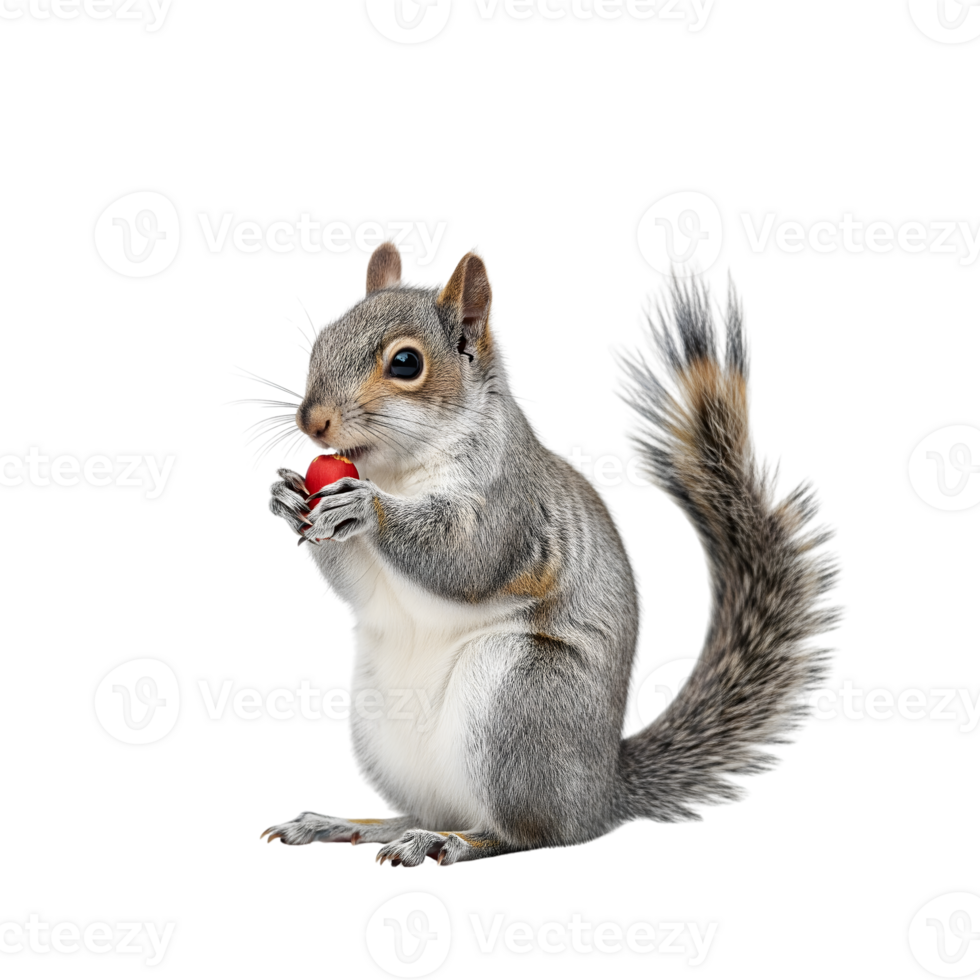A charming gray squirrel stands upright, holding a bright red berry, isolated against a transparent background, capturing its playful nature and endearing charm png