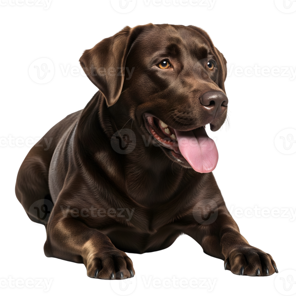 A charming chocolate labrador retriever puppy is lying down, looking directly at the camera with its tongue playfully sticking out isolated on transparent background png
