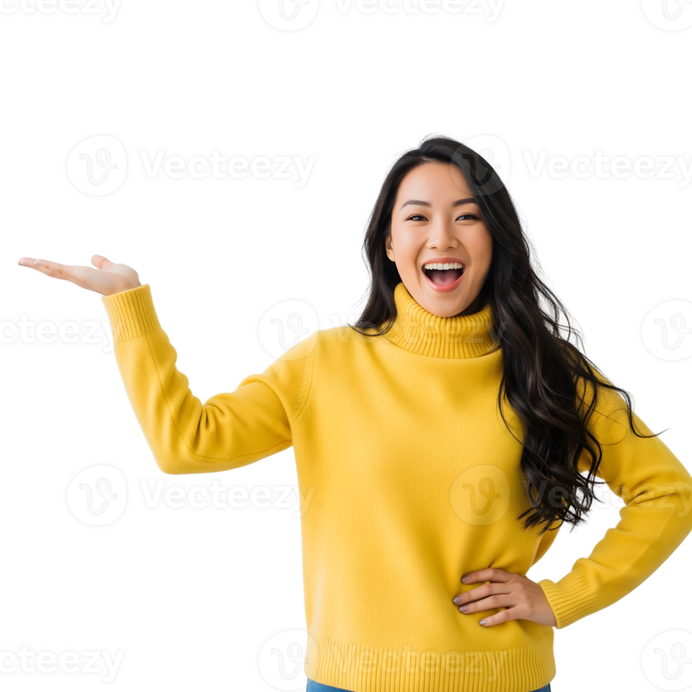 A cheerful asian woman in a yellow sweater with her hand open, isolated on a transparent background png