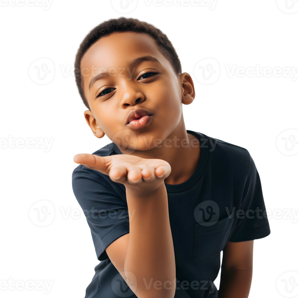 A cute african american boy blowing a kiss with his hand, isolated on transparent background png