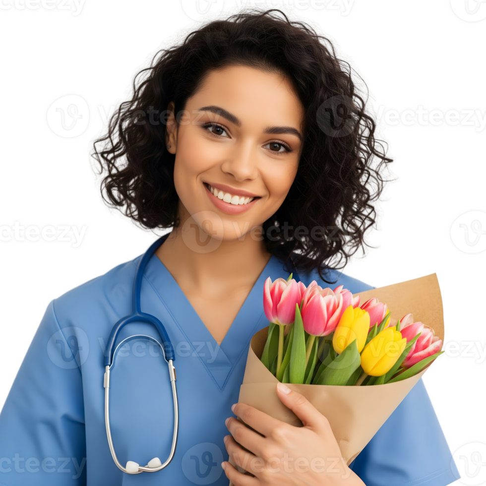 A cheerful young nurse holding a bouquet of tulips is isolated on transparent background, celebrating her profession png