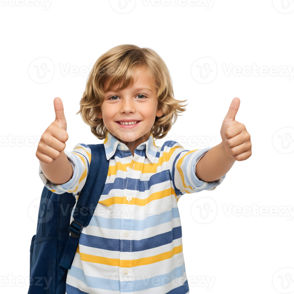 A cheerful blond boy with a backpack gives two thumbs up isolated on transparent background png