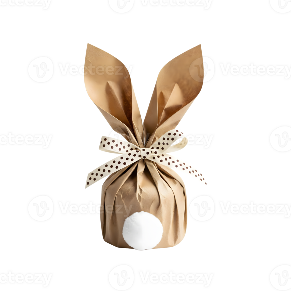 A cute easter bunny gift wrapped in brown paper with polka dot ribbon isolated on transparent background png