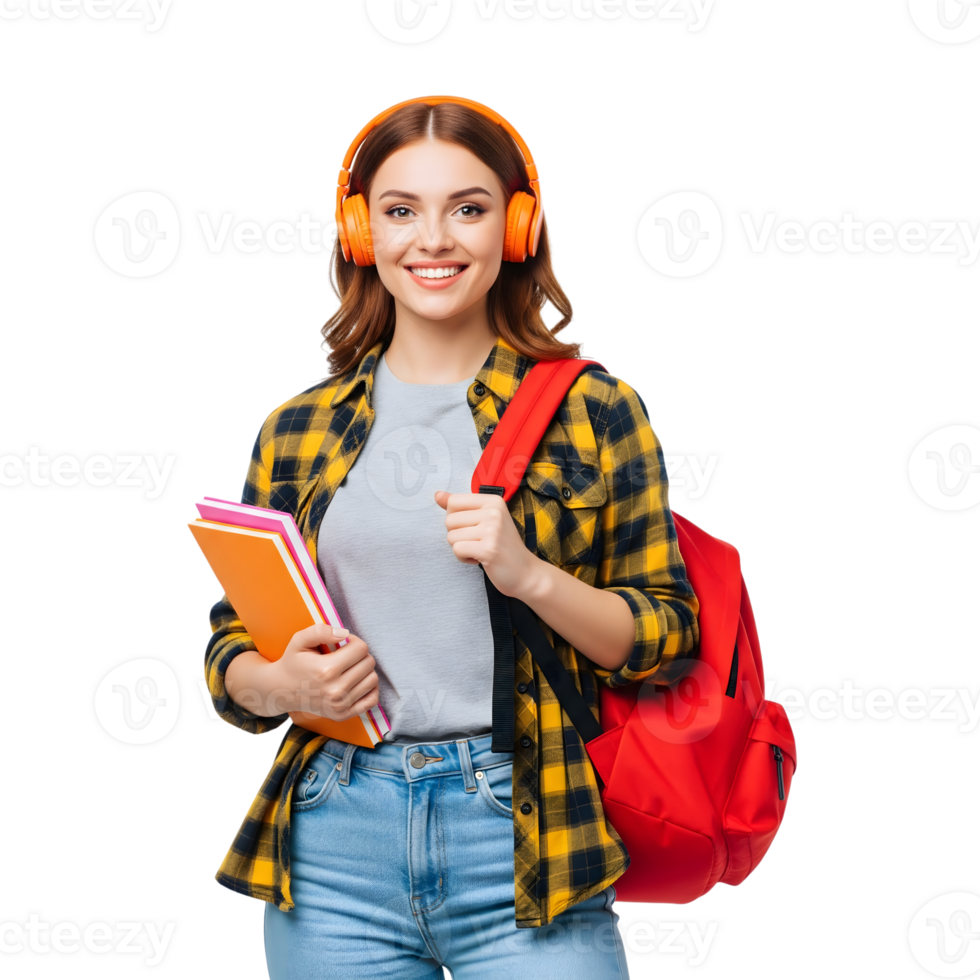 A cheerful student with headphones, a backpack, and books smiles while isolated on transparent background png