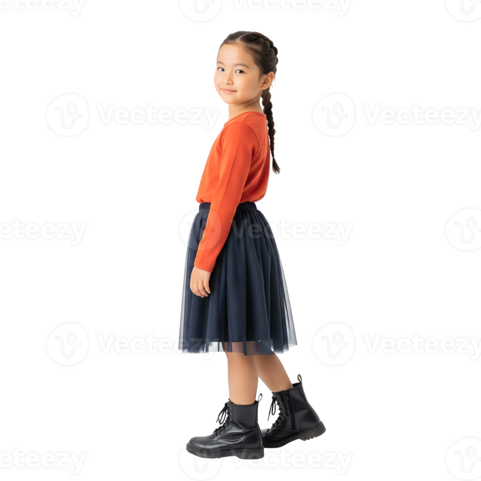A cute girl with braids is standing in a studio isolated on transparent background png