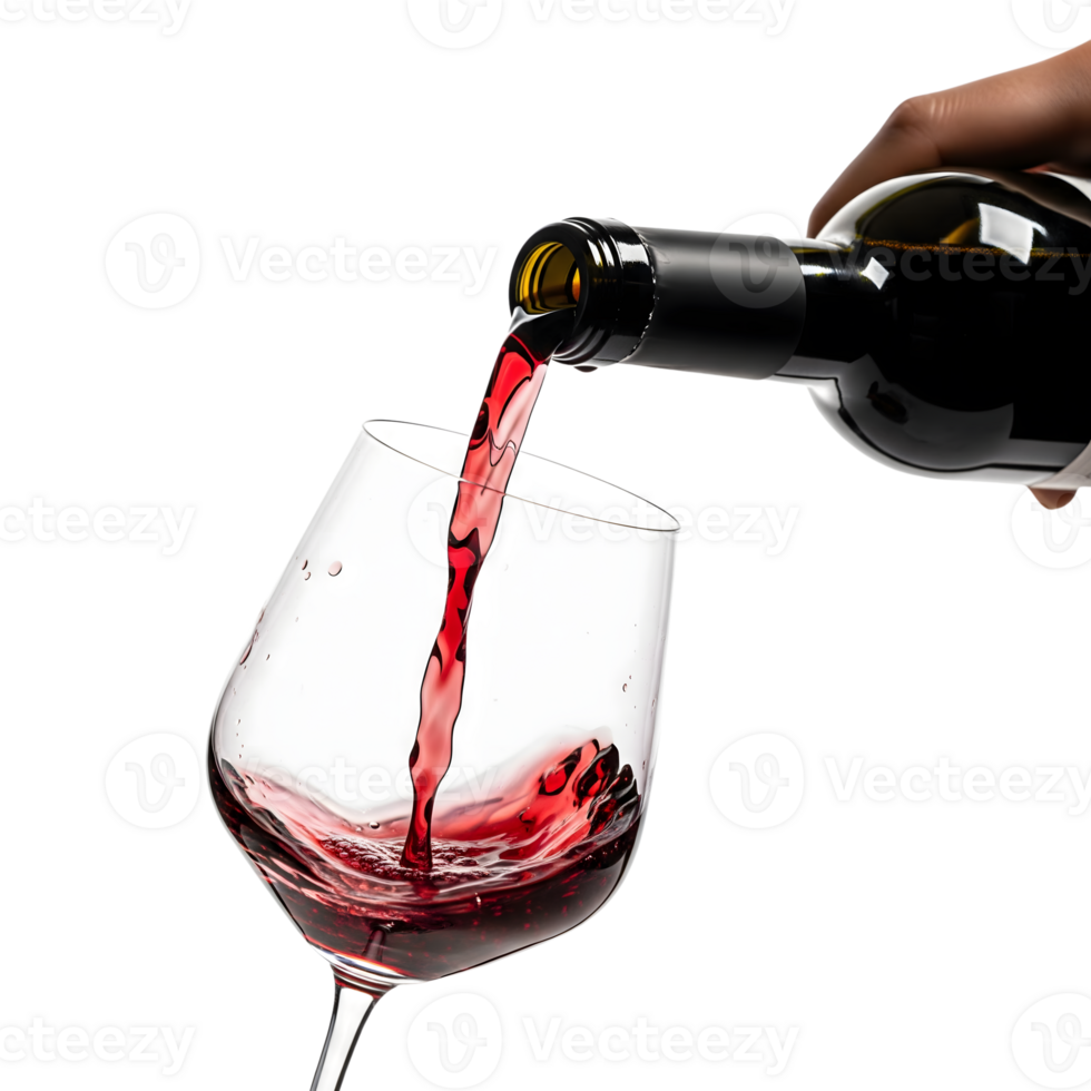 A darkskinned hand pours red wine from a black bottle into a clear glass, creating a splash, isolated on transparent background png