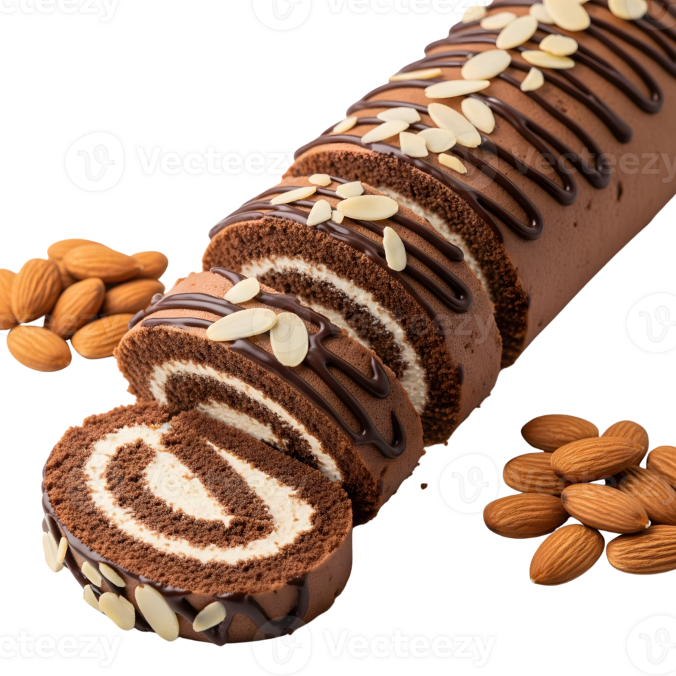 A delectable chocolate swiss roll cake is sliced and garnished with almonds, presented against a transparent background, tempting the viewer png