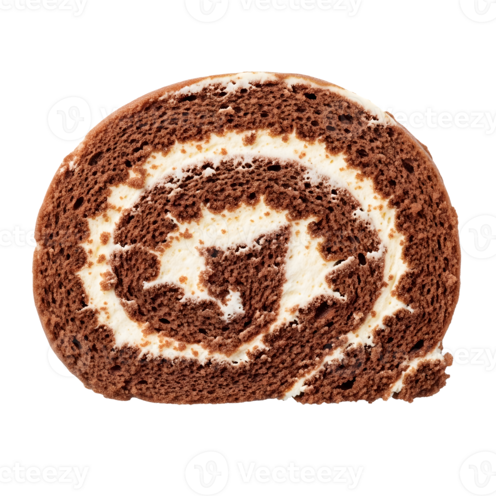 A delectable slice of chocolate swiss roll cake with a creamy filling, isolated on transparent background png