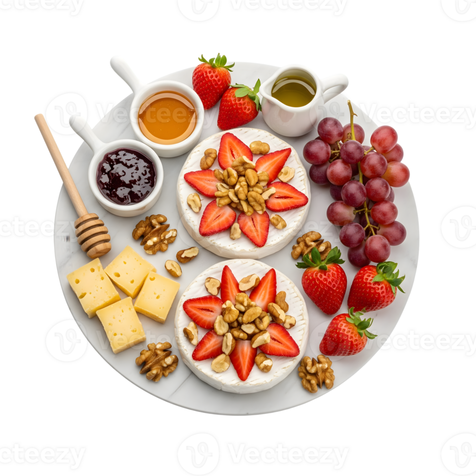 A delightful cheese board isolated on transparent background features brie, strawberries, walnuts, grapes, honey, and jam png