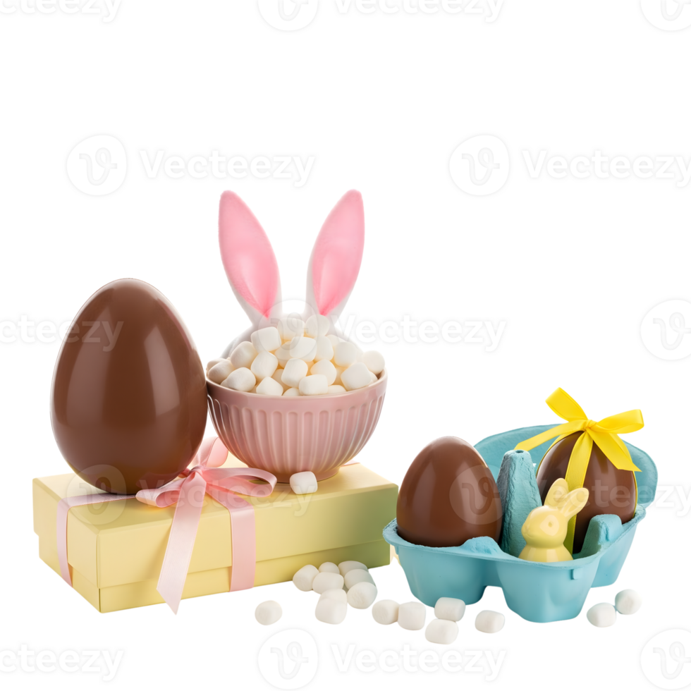 A delightful easter arrangement features chocolate eggs, a marshmallow bunny, and pastel gifts isolated on transparent background png