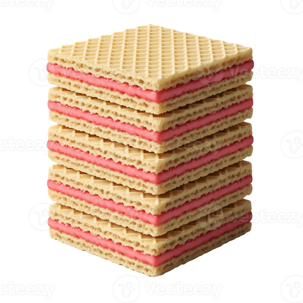 A delightful stack of crispy wafer cookies with a sweet pink cream filling stands tall against a pristine white backdrop, tempting with its sugary goodness isolated on transparent background png