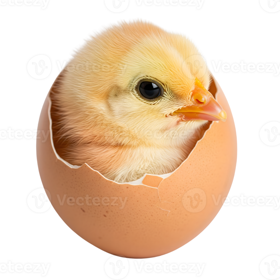 A fluffy yellow chick is hatching from a cracked brown egg, isolated on transparent background png