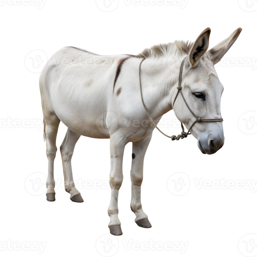 A gray and white donkey stands against a transparent background, its rope harness suggesting a life of work on a rural farm png