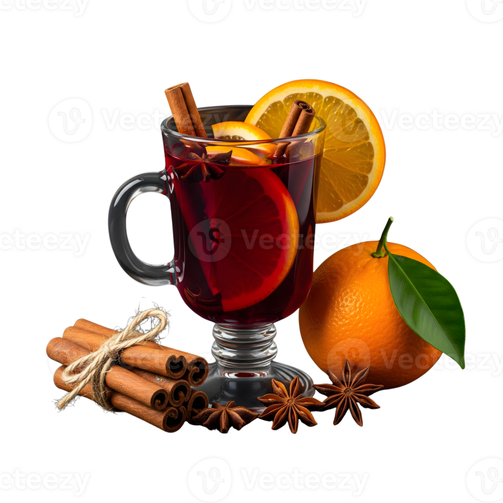 A glass of mulled wine with orange slices, cinnamon sticks, and star anise is isolated on transparent background png