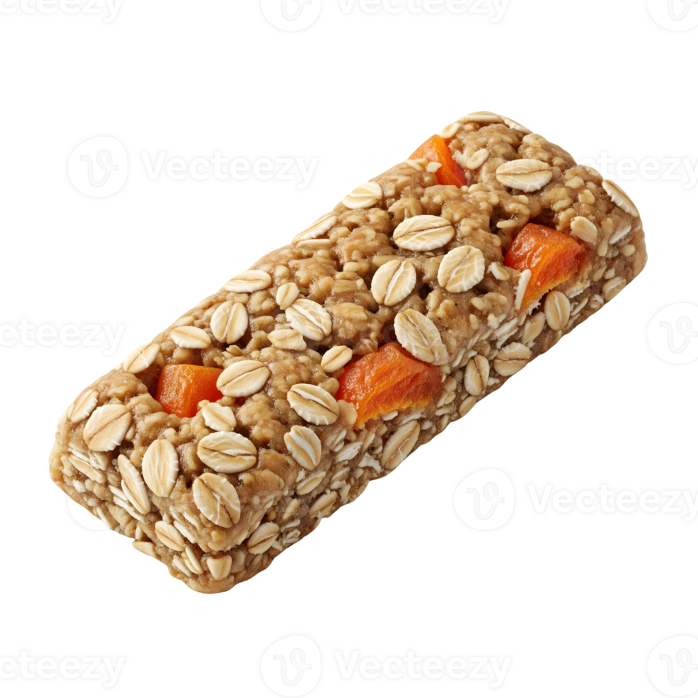A granola bar with oats and dried apricots is isolated on transparent background, showcasing a healthy snack option png