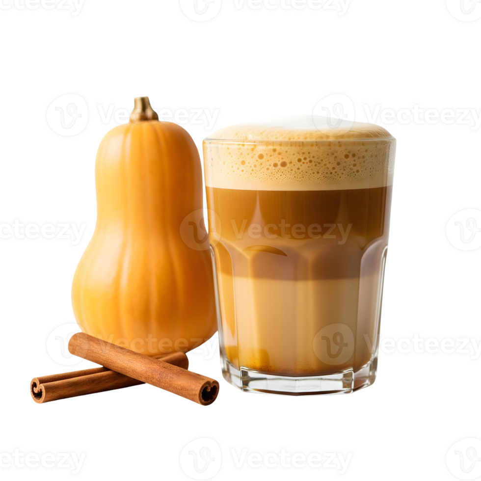 A glass of pumpkin spice latte sits beside a butternut squash and cinnamon sticks isolated on transparent background png