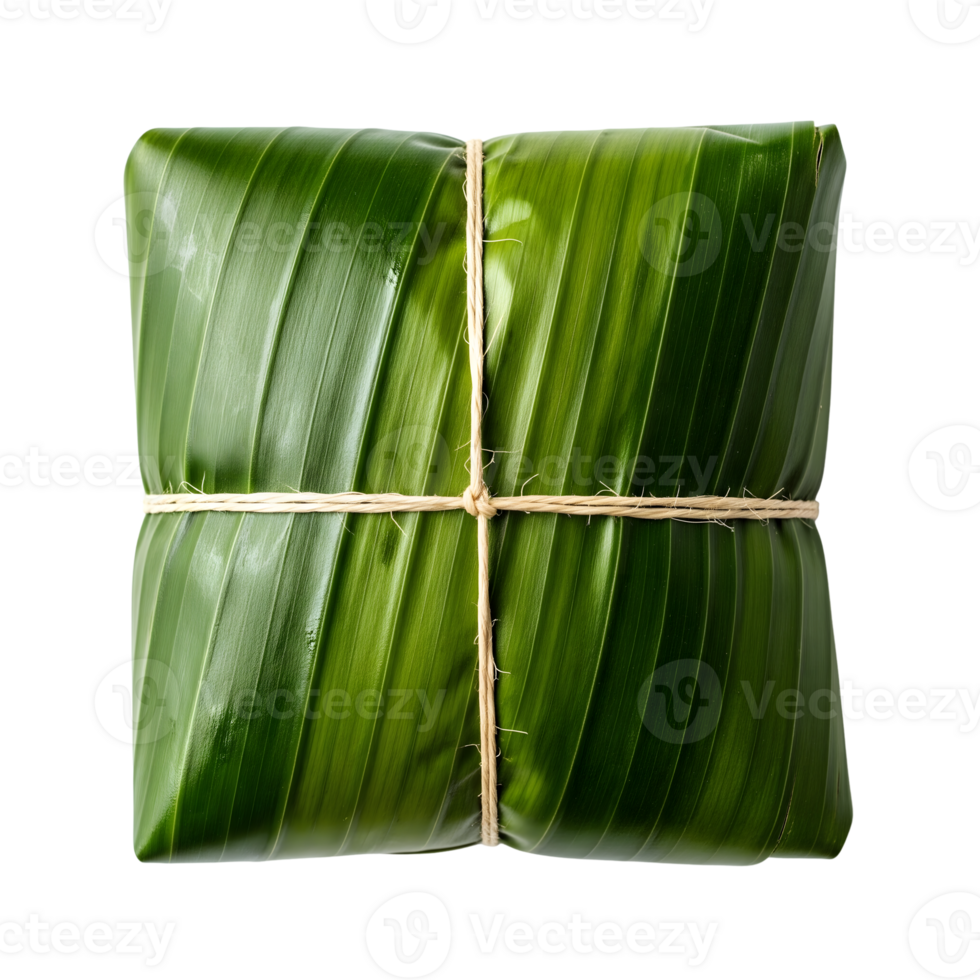 A green banana leaf package is tied with rope and isolated on transparent background png
