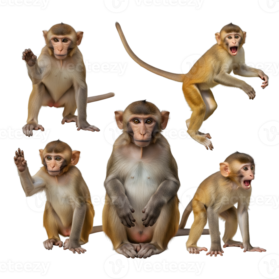 A group of monkeys in various poses is isolated on transparent background, showcasing their playful nature and expressive faces png