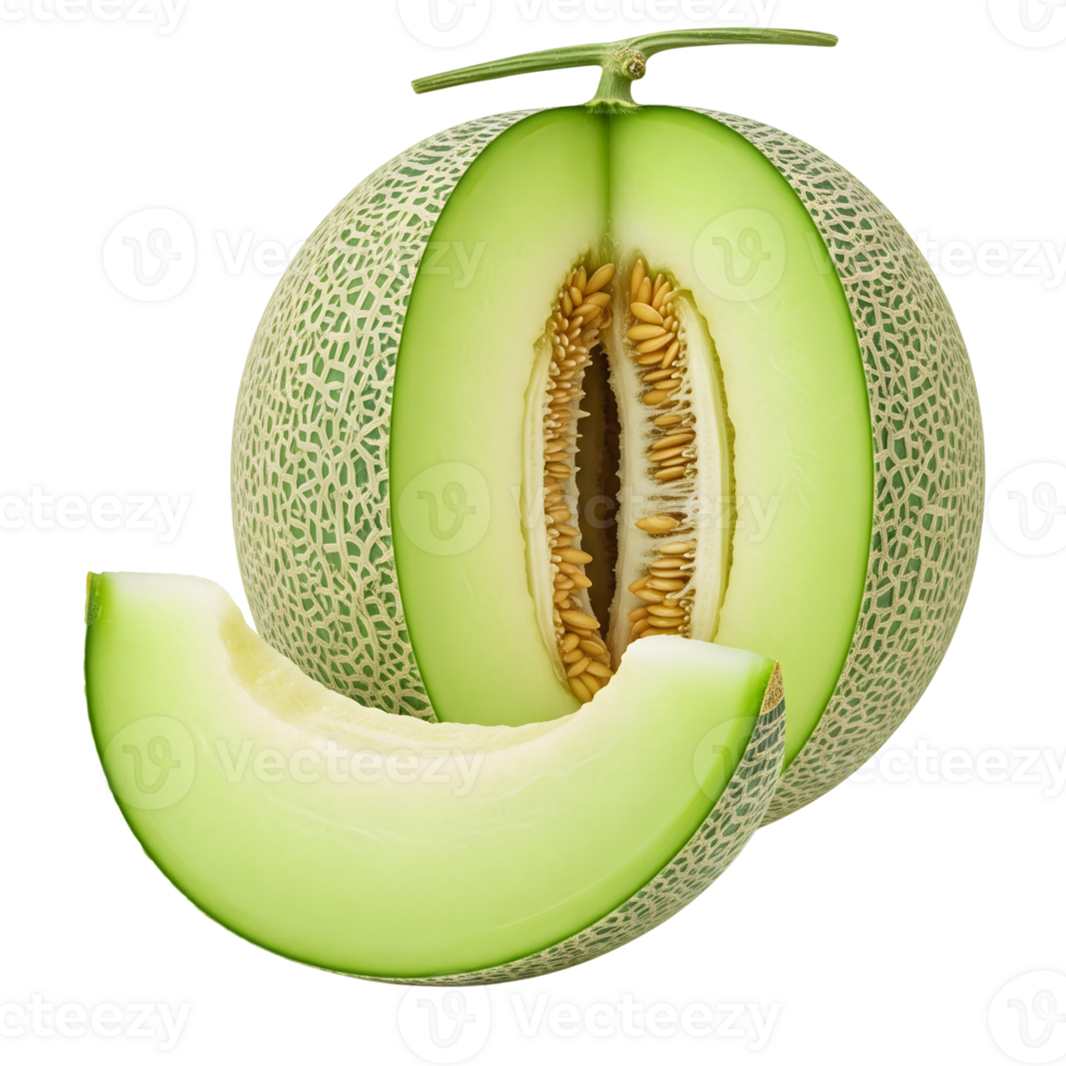 A halved cantaloupe with a slice isolated on transparent background displays its juicy flesh and seeds png