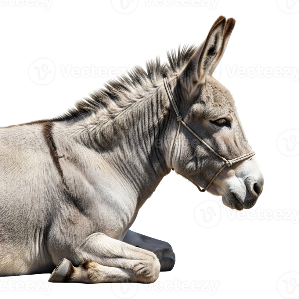 A gray donkey lying down with a rope halter around its head isolated on transparent background png