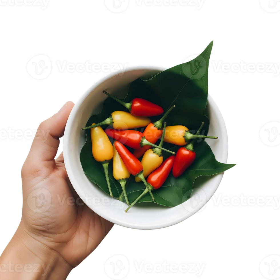 A hand holding a bowl of colorful chili peppers isolated on transparent background png