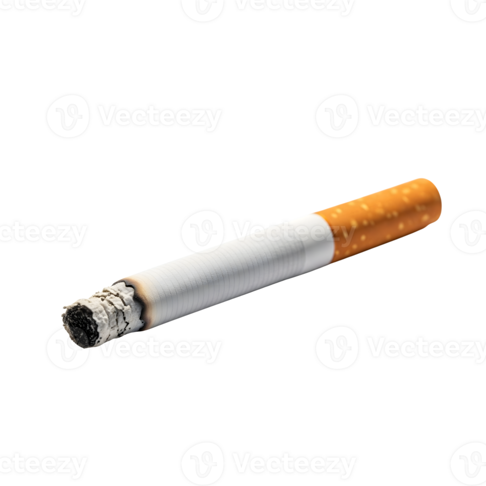 A lit cigarette with ash is isolated on transparent background png