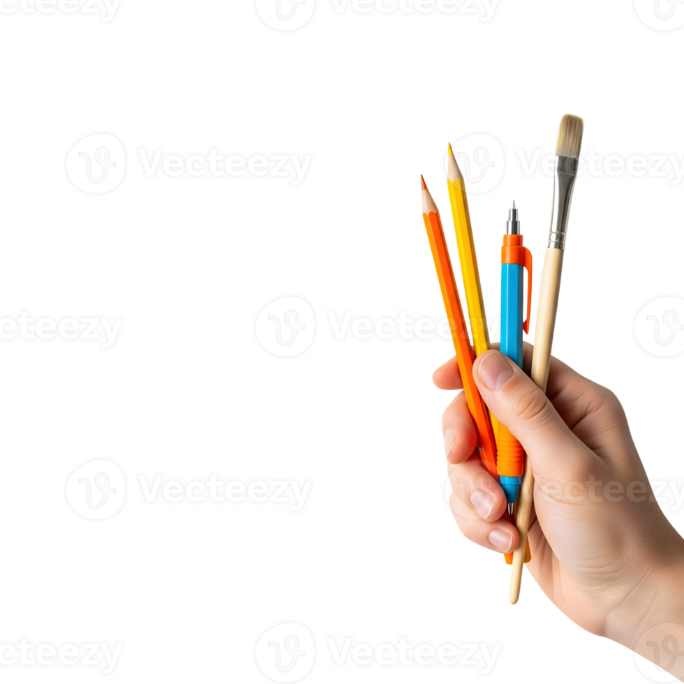 A hand holds art supplies, including pencils, a pen, and a brush, isolated on transparent background png