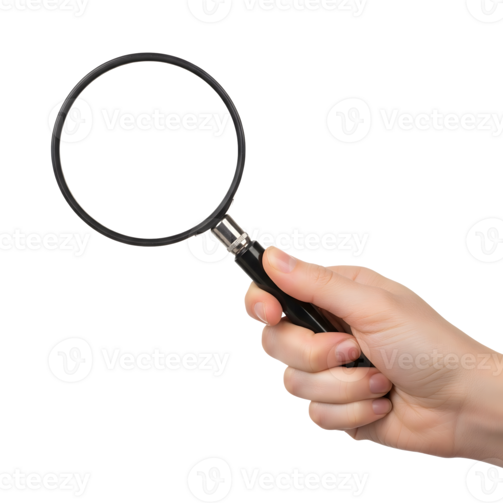 A human hand holds a magnifying glass with a black handle isolated on transparent background, offering a tool for search and discovery png