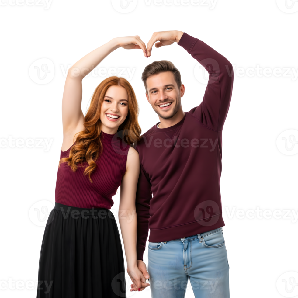 A happy couple makes a heart shape with their arms, symbolizing love and joy, isolated on transparent background png