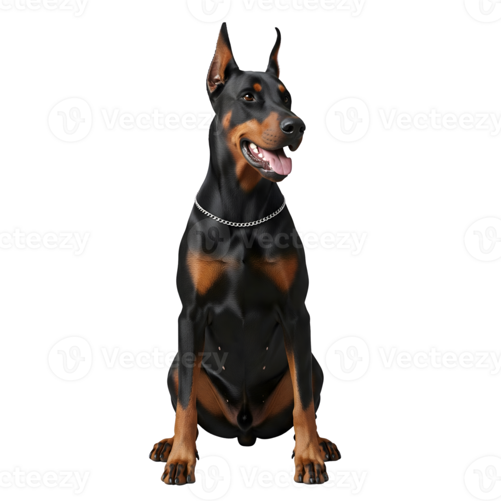 A majestic doberman pinscher sits attentively, isolated on transparent background png