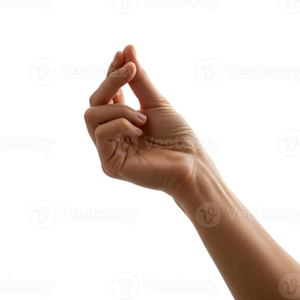 A hand making a pinching gesture against a clean transparent background, showcasing the intricate details of skin, fingers, and joints png