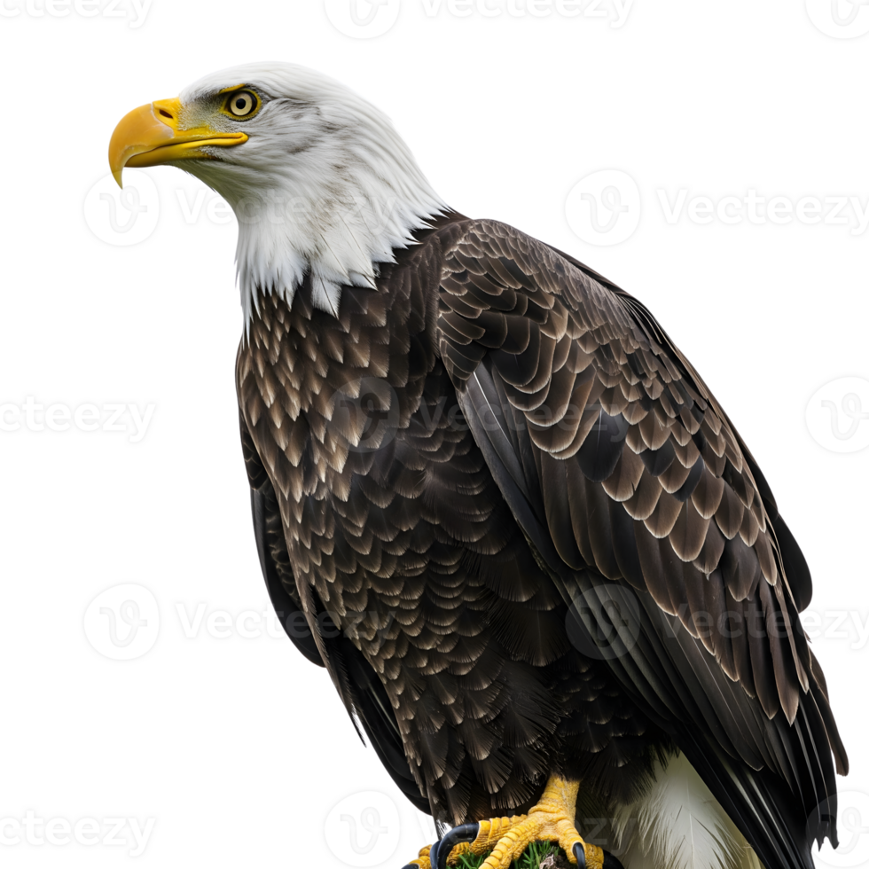 A majestic bald eagle stands tall, its piercing gaze and sharp beak embodying freedom and strength isolated on transparent background png